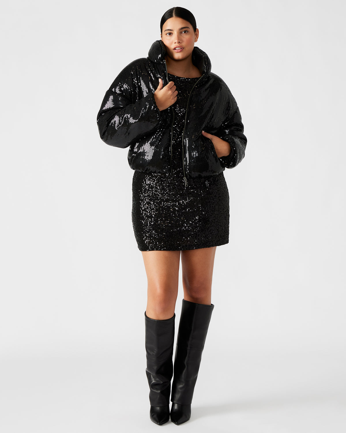 STRATTO Jacket Black | Women's Sequin Long-Sleeved Puffer Jacket | Steve Madden Great Value