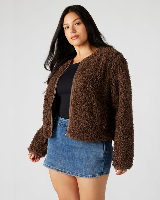 TEDDY Jacket Brown | Women's Collarless Sherpa Jacket | Steve Madden Essential