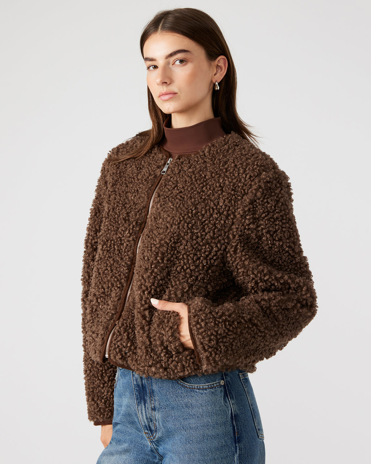 TEDDY Jacket Brown | Women's Collarless Sherpa Jacket | Steve Madden Essential