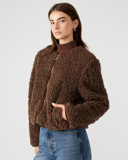 TEDDY Jacket Brown | Women's Collarless Sherpa Jacket | Steve Madden Essential