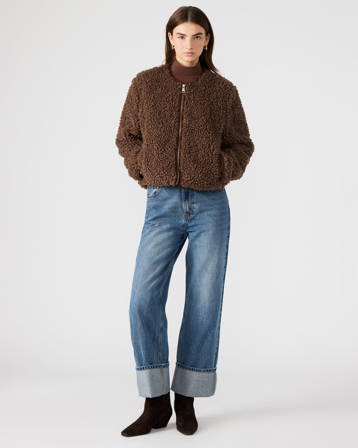 TEDDY Jacket Brown | Women's Collarless Sherpa Jacket | Steve Madden Essential