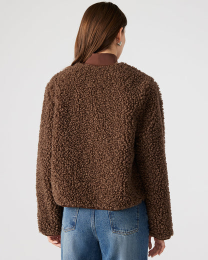 TEDDY Jacket Brown | Women's Collarless Sherpa Jacket | Steve Madden Essential