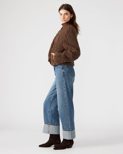TEDDY Jacket Brown | Women's Collarless Sherpa Jacket | Steve Madden Essential