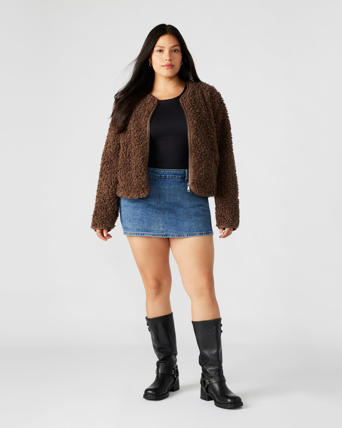 TEDDY Jacket Brown | Women's Collarless Sherpa Jacket | Steve Madden Essential