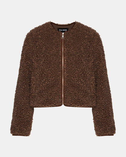TEDDY Jacket Brown | Women's Collarless Sherpa Jacket | Steve Madden Essential