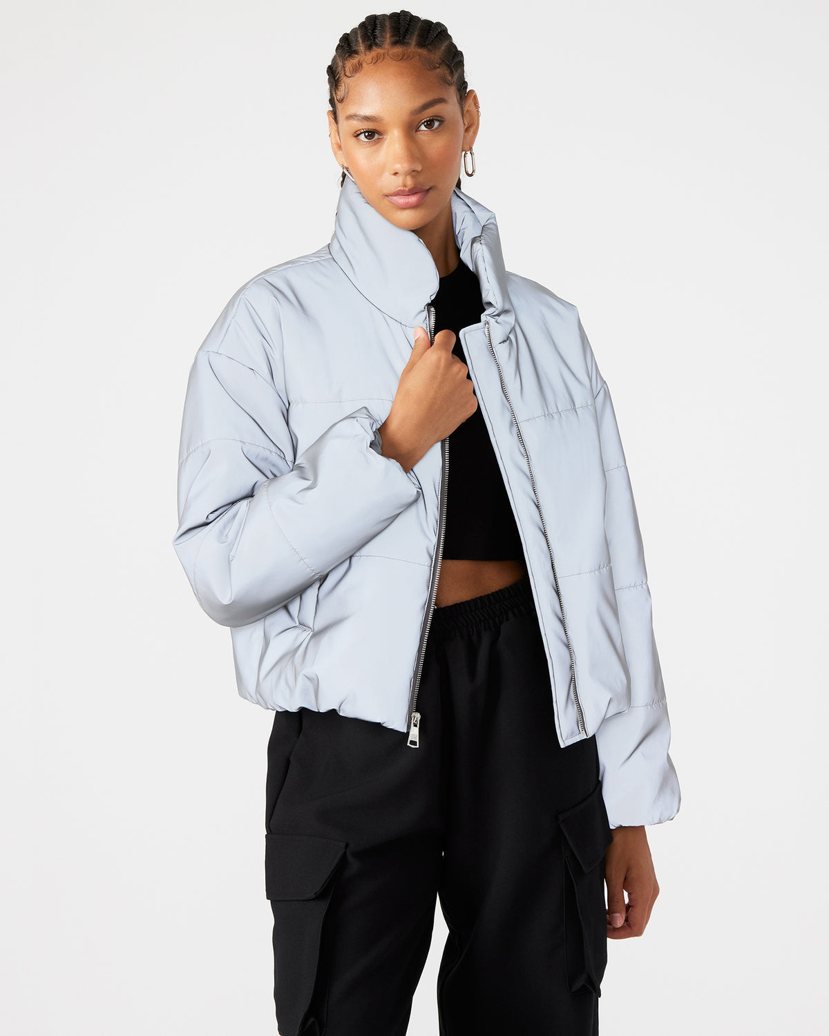 POLAR Jacket Silver | Women's Reflective Nylon Puffer Jacket | Steve Madden Value