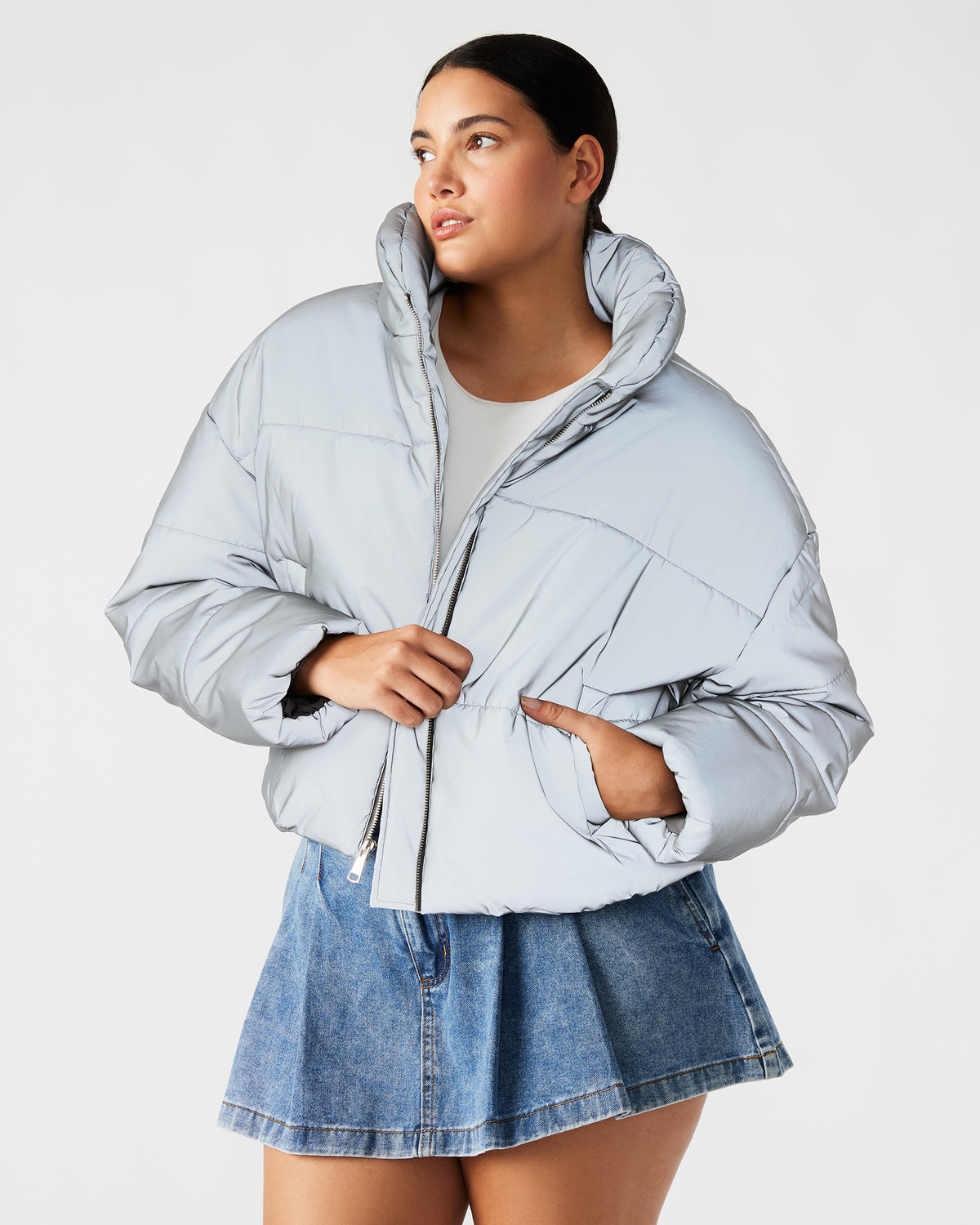 POLAR Jacket Silver | Women's Reflective Nylon Puffer Jacket | Steve Madden Value