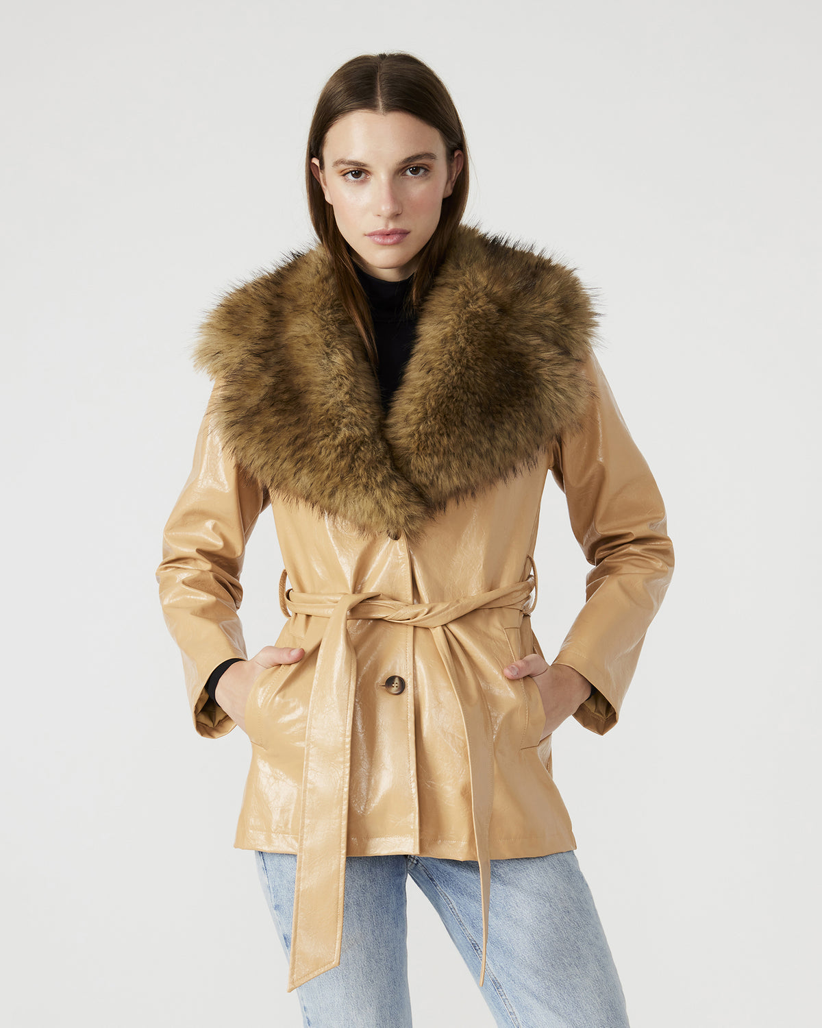 BOWERY Coat Tan | Women's Faux Leather Button-Up Coat | Steve Madden New