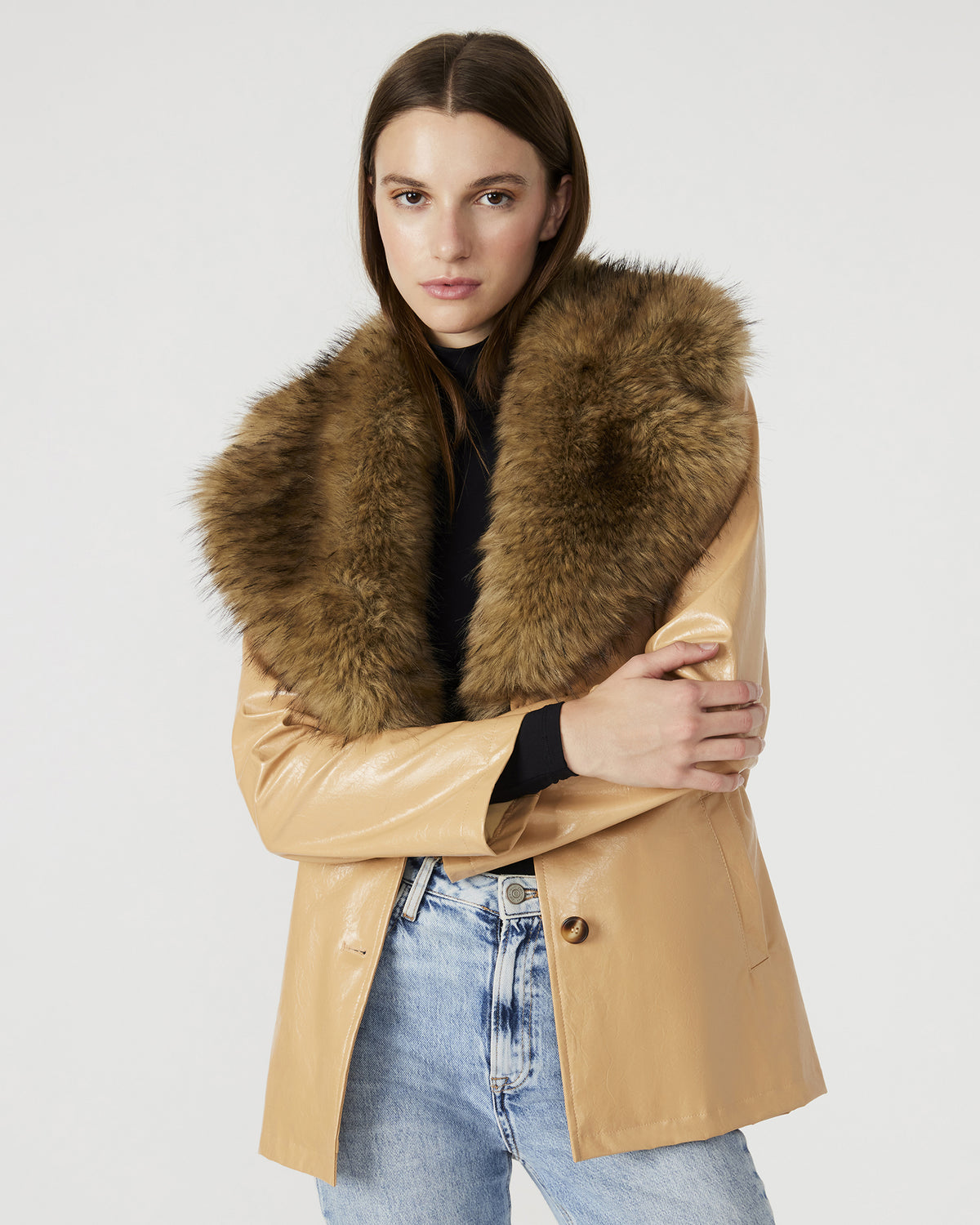 BOWERY Coat Tan | Women's Faux Leather Button-Up Coat | Steve Madden New