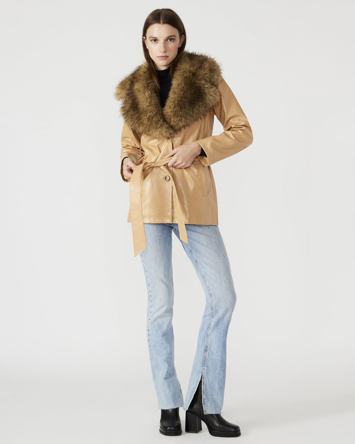 BOWERY Coat Tan | Women's Faux Leather Button-Up Coat | Steve Madden New