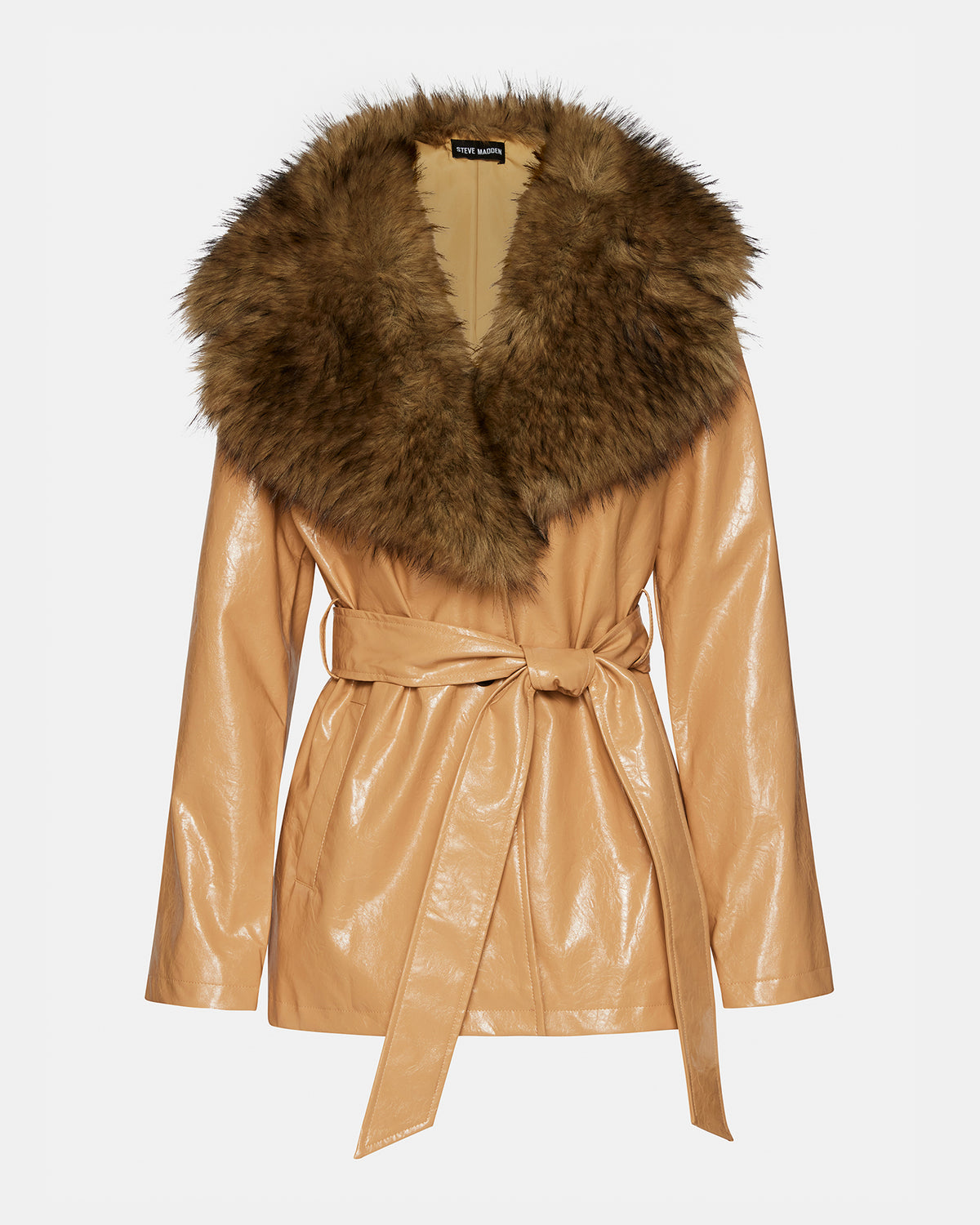 BOWERY Coat Tan | Women's Faux Leather Button-Up Coat | Steve Madden New