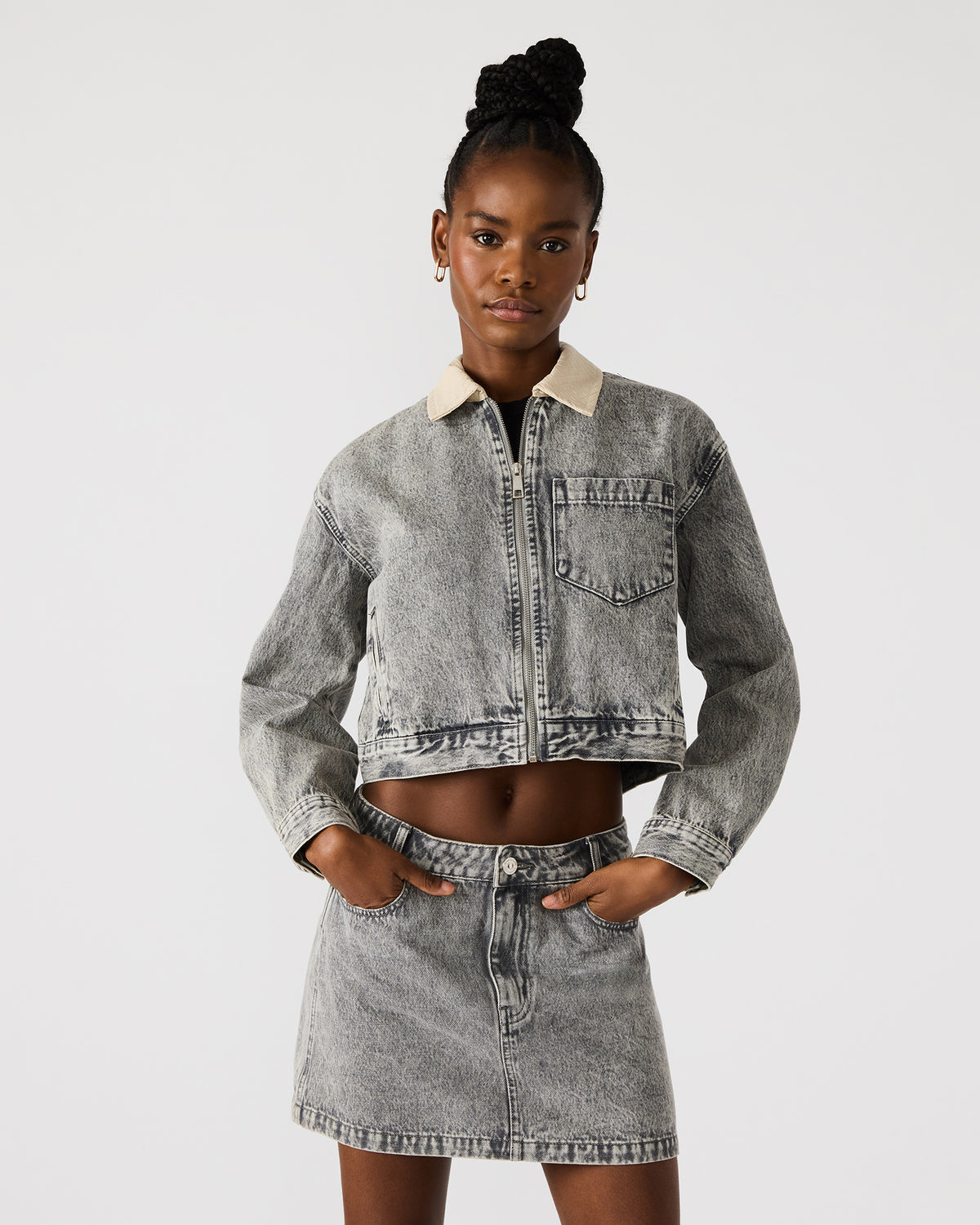 GLACIA Light Grey Women's Long-Sleeved Denim Jacket | Steve Madden Premium