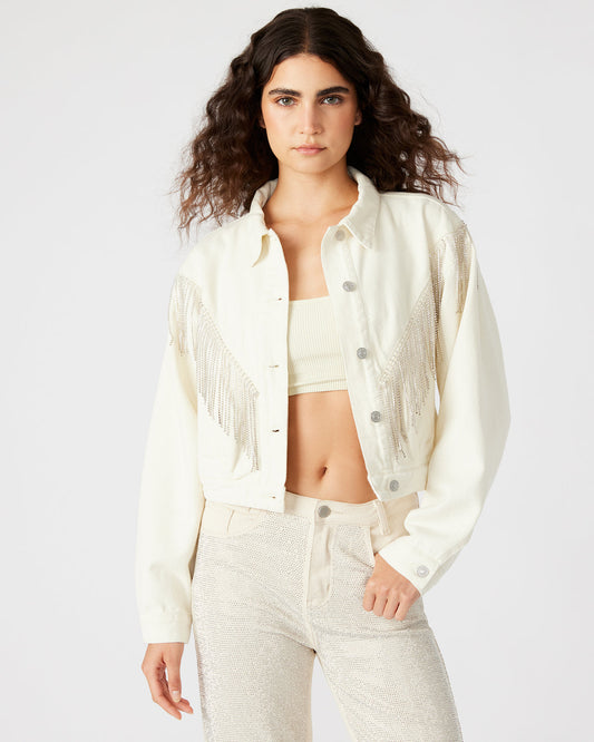 CANYON Denim Jacket Cream | Women's Rhinestone Fringe Jacket | Steve Madden Best Seller