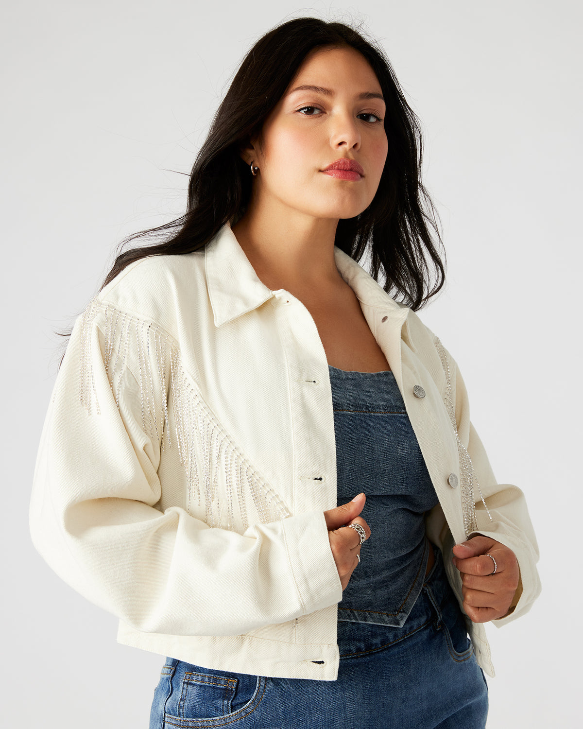 CANYON Denim Jacket Cream | Women's Rhinestone Fringe Jacket | Steve Madden Best Seller