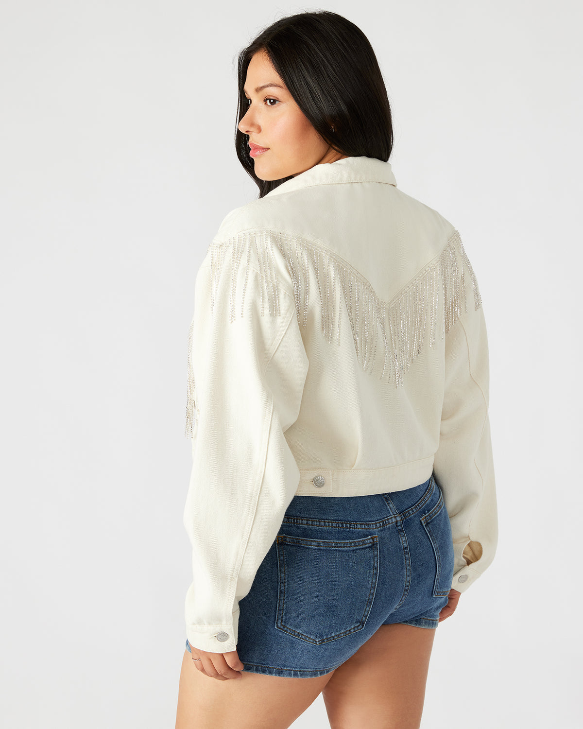 CANYON Denim Jacket Cream | Women's Rhinestone Fringe Jacket | Steve Madden Best Seller