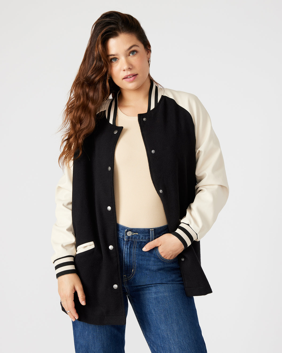 SKYLIE Jacket Black | Women's Varsity Bomber Jacket | Steve Madden Special Offer