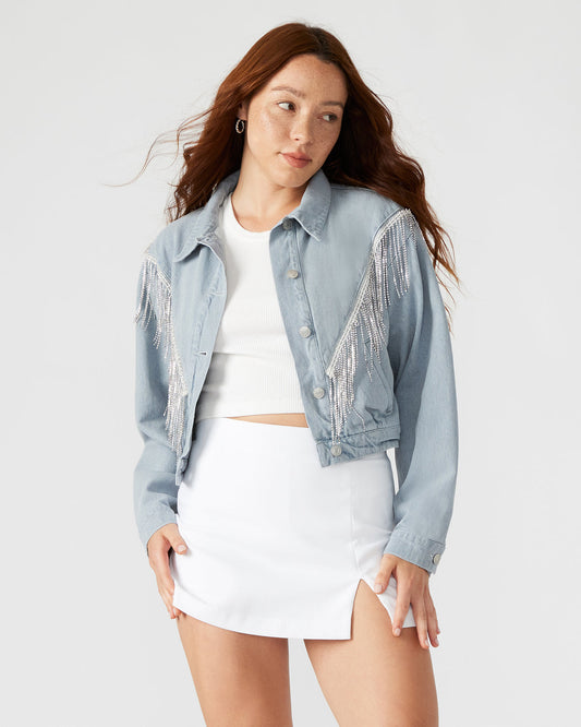 CANYON Denim Jacket | Women's Rhinestone Fringe Jacket | Steve Madden Smart Buy