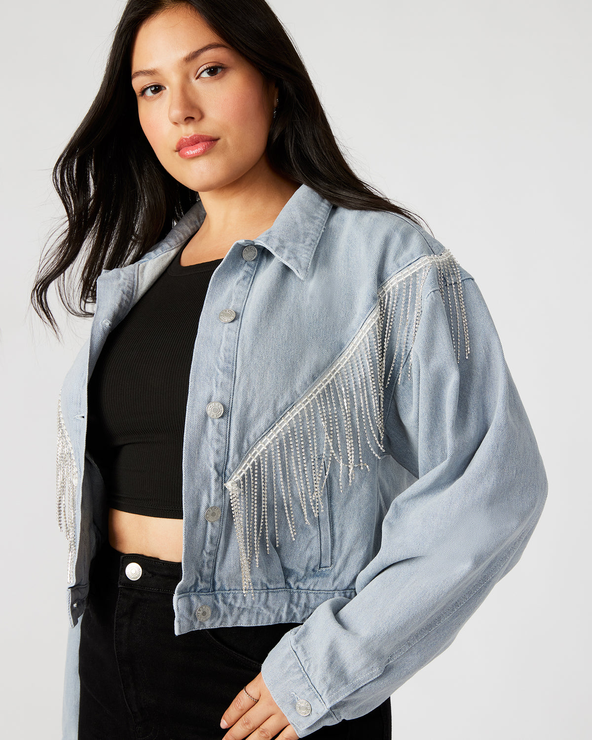 CANYON Denim Jacket | Women's Rhinestone Fringe Jacket | Steve Madden Smart Buy