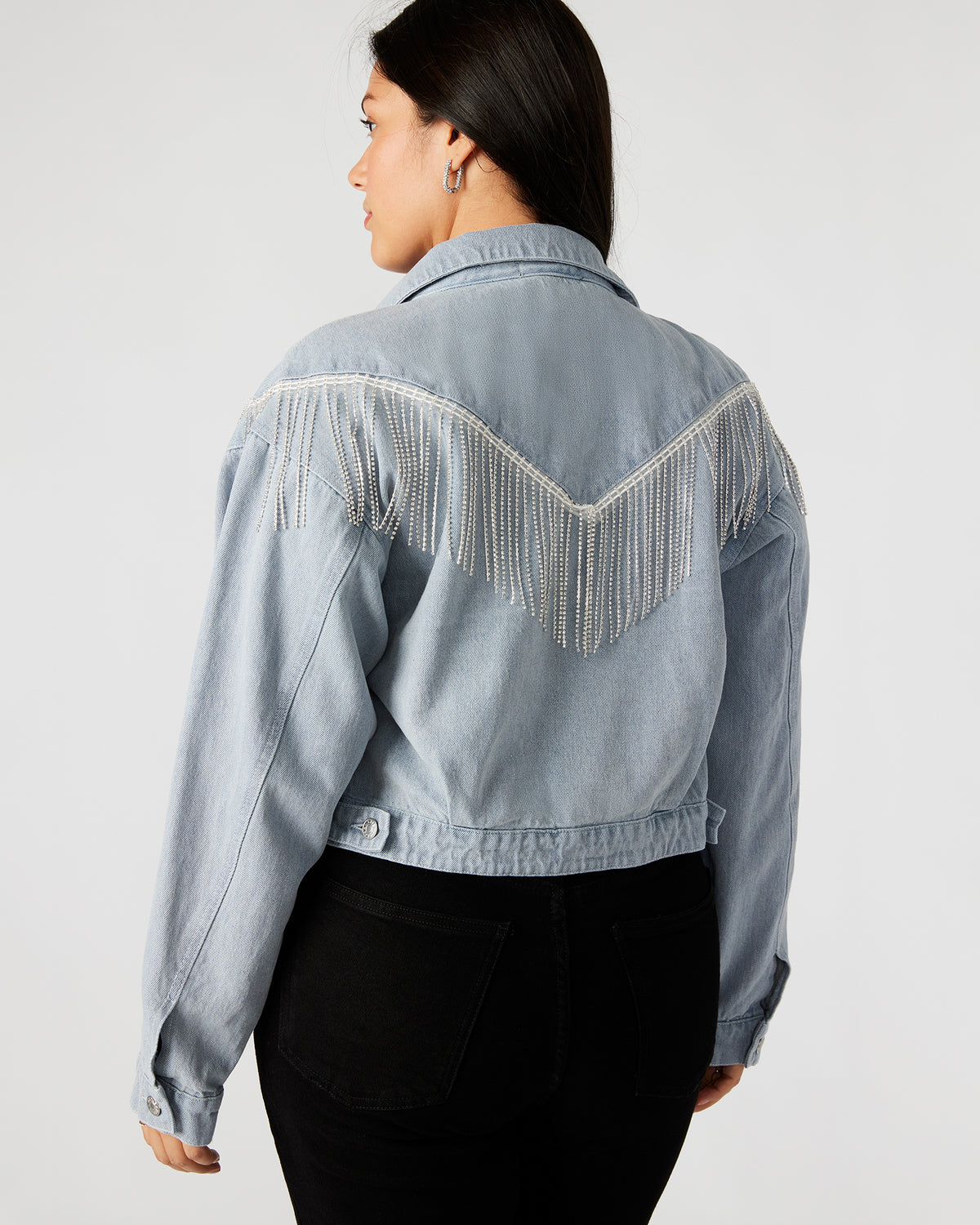 CANYON Denim Jacket | Women's Rhinestone Fringe Jacket | Steve Madden Smart Buy