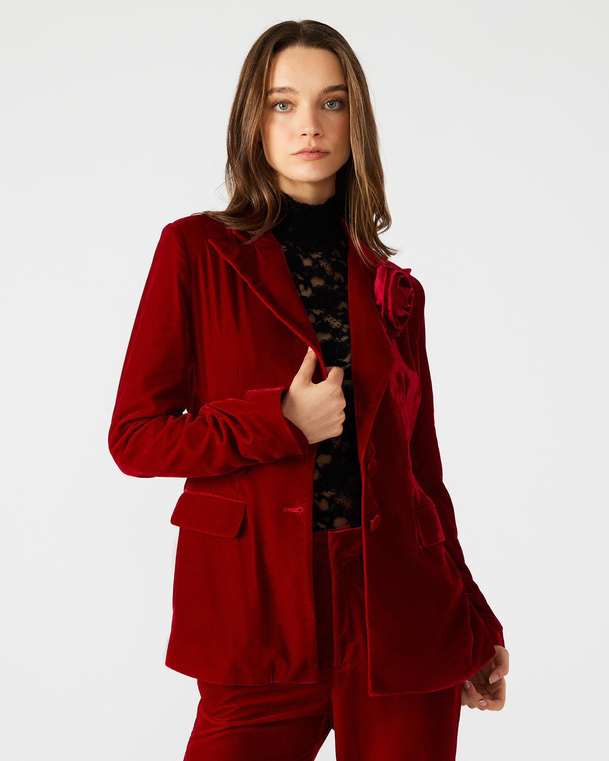 MERENE Blazer Red | Women's Long-Sleeved Button-Up Velvet Blazer | Steve Madden Value