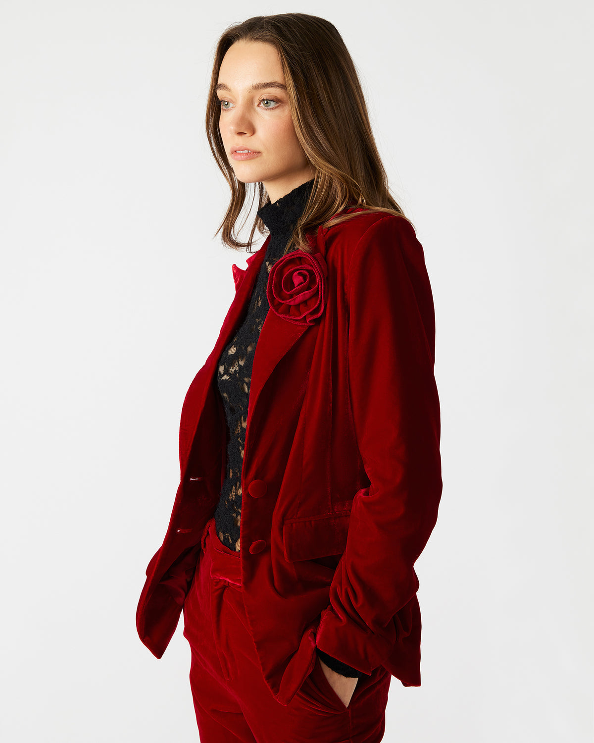 MERENE Blazer Red | Women's Long-Sleeved Button-Up Velvet Blazer | Steve Madden Value