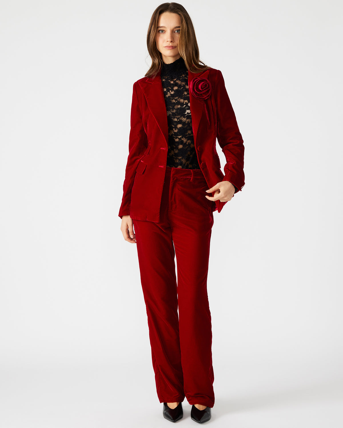 MERENE Blazer Red | Women's Long-Sleeved Button-Up Velvet Blazer | Steve Madden Value