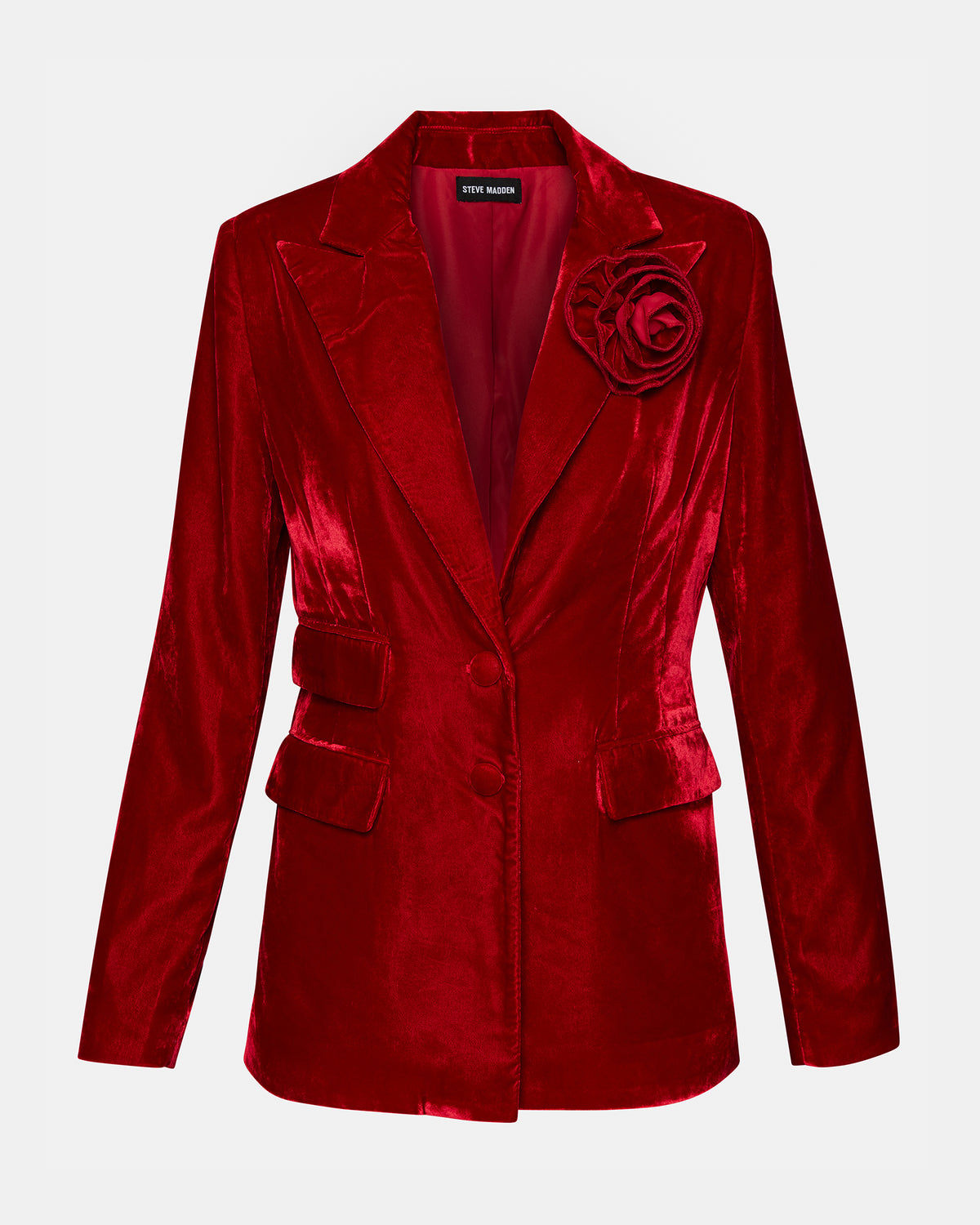 MERENE Blazer Red | Women's Long-Sleeved Button-Up Velvet Blazer | Steve Madden Value
