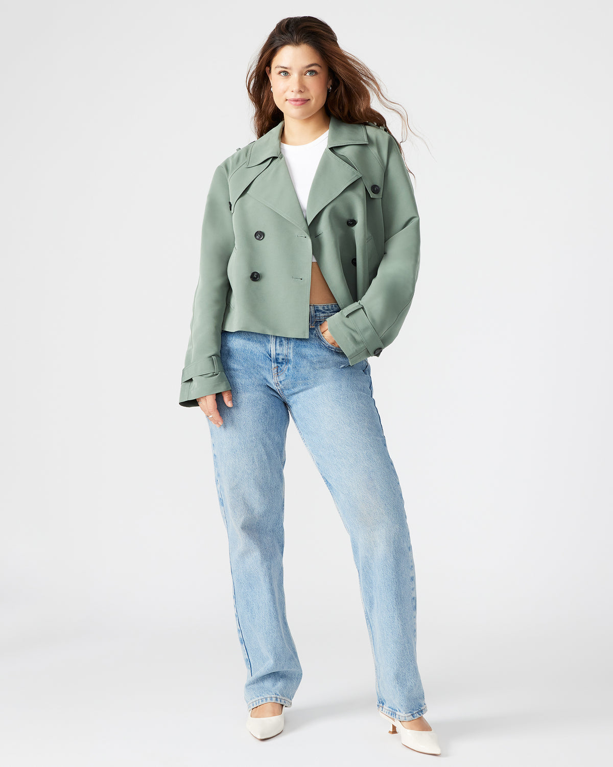 SIRUS Light Green Women's Cropped Denim Trench Coat | Steve Madden Featured
