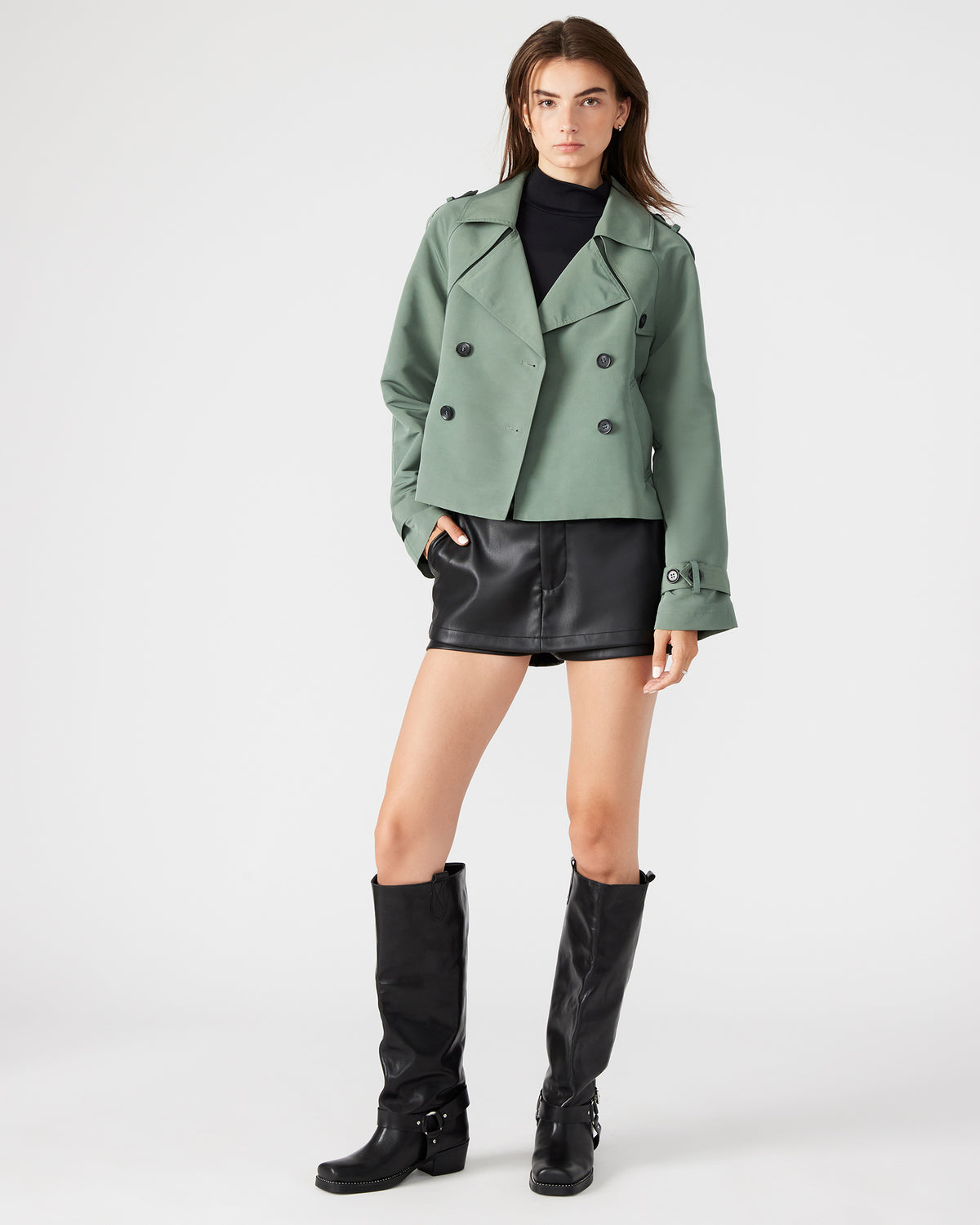 SIRUS Light Green Women's Cropped Denim Trench Coat | Steve Madden Featured