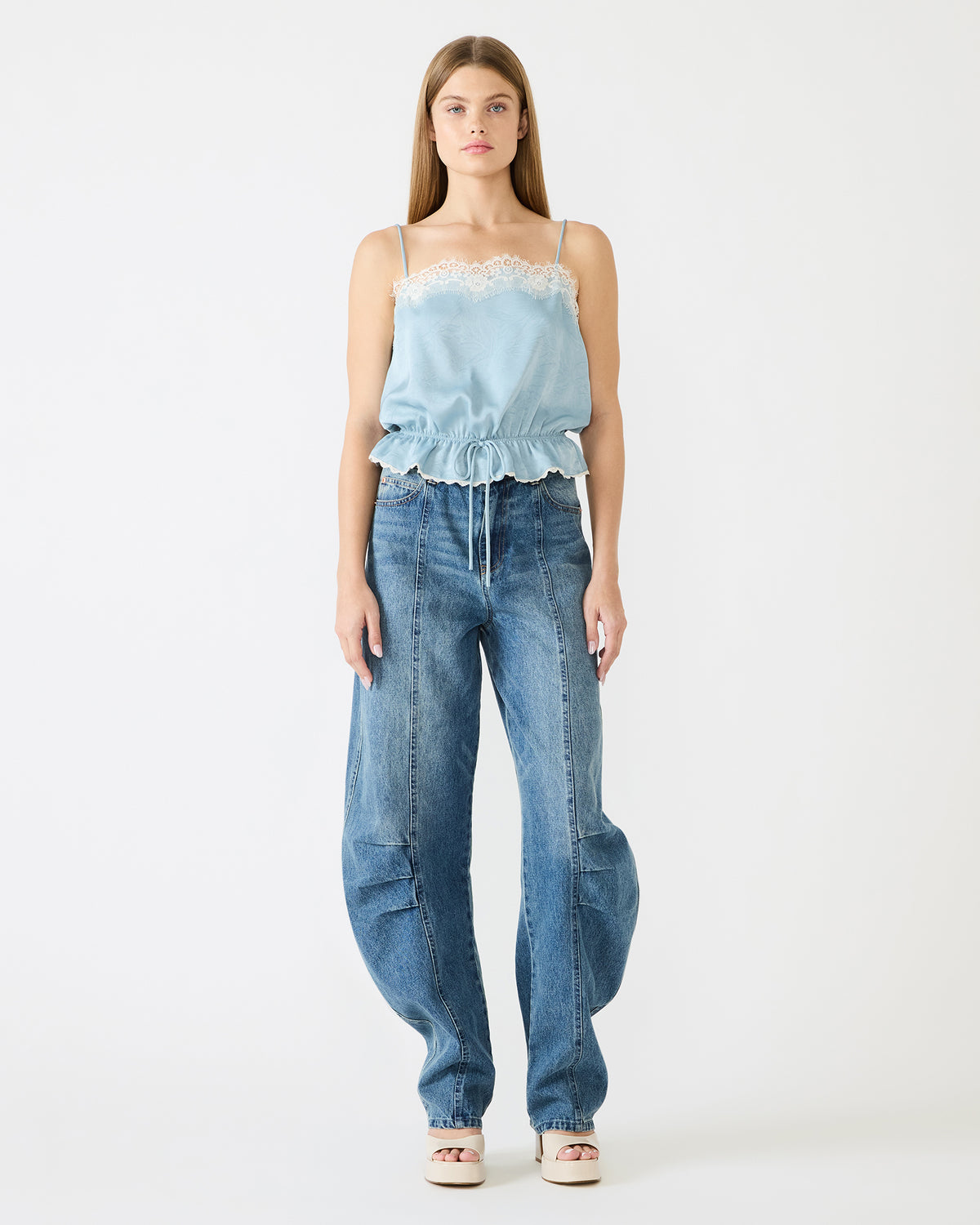 ROAN Dusty Blue Sleeveless Lace Trime Cinched Waist Women's Top | Steve Madden Classic
