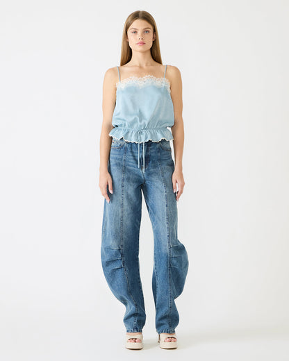 ROAN Dusty Blue Sleeveless Lace Trime Cinched Waist Women's Top | Steve Madden Classic