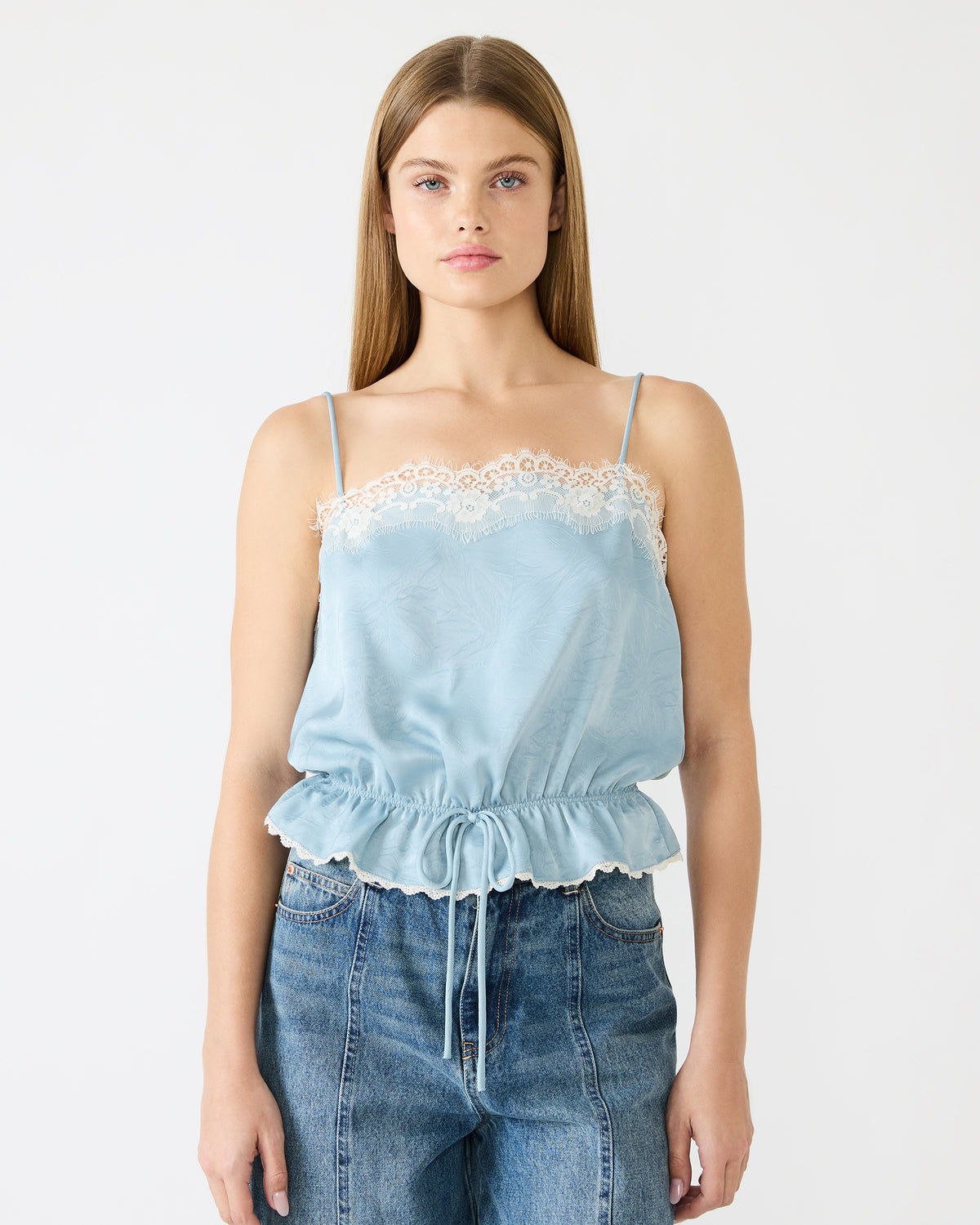 ROAN Dusty Blue Sleeveless Lace Trime Cinched Waist Women's Top | Steve Madden Classic