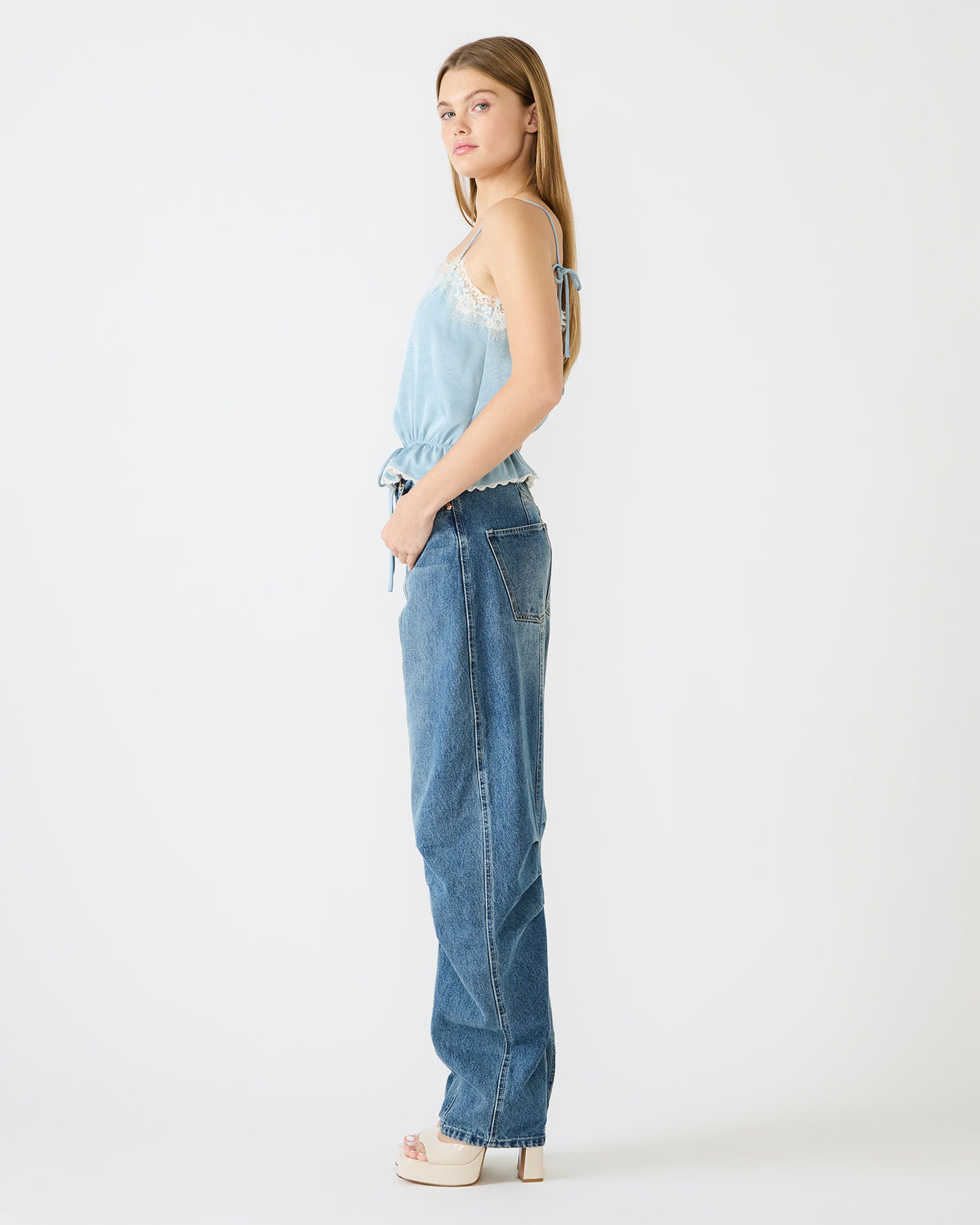 ROAN Dusty Blue Sleeveless Lace Trime Cinched Waist Women's Top | Steve Madden Classic