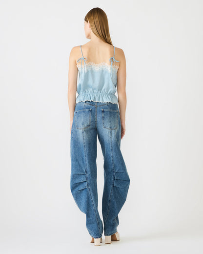 ROAN Dusty Blue Sleeveless Lace Trime Cinched Waist Women's Top | Steve Madden Classic