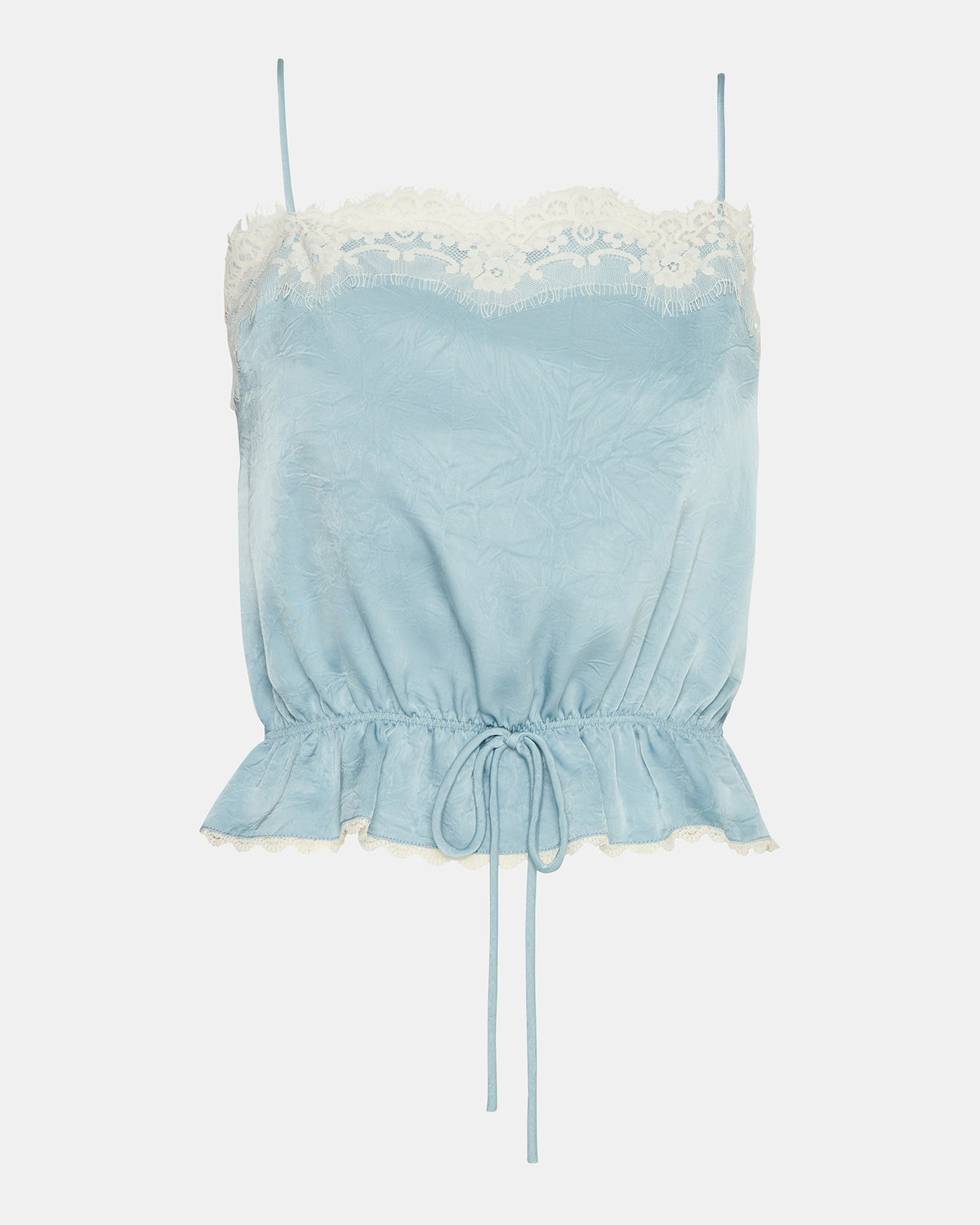 ROAN Dusty Blue Sleeveless Lace Trime Cinched Waist Women's Top | Steve Madden Classic