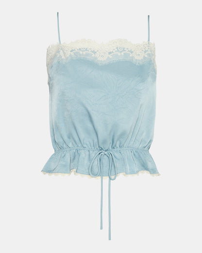 ROAN Dusty Blue Sleeveless Lace Trime Cinched Waist Women's Top | Steve Madden Classic