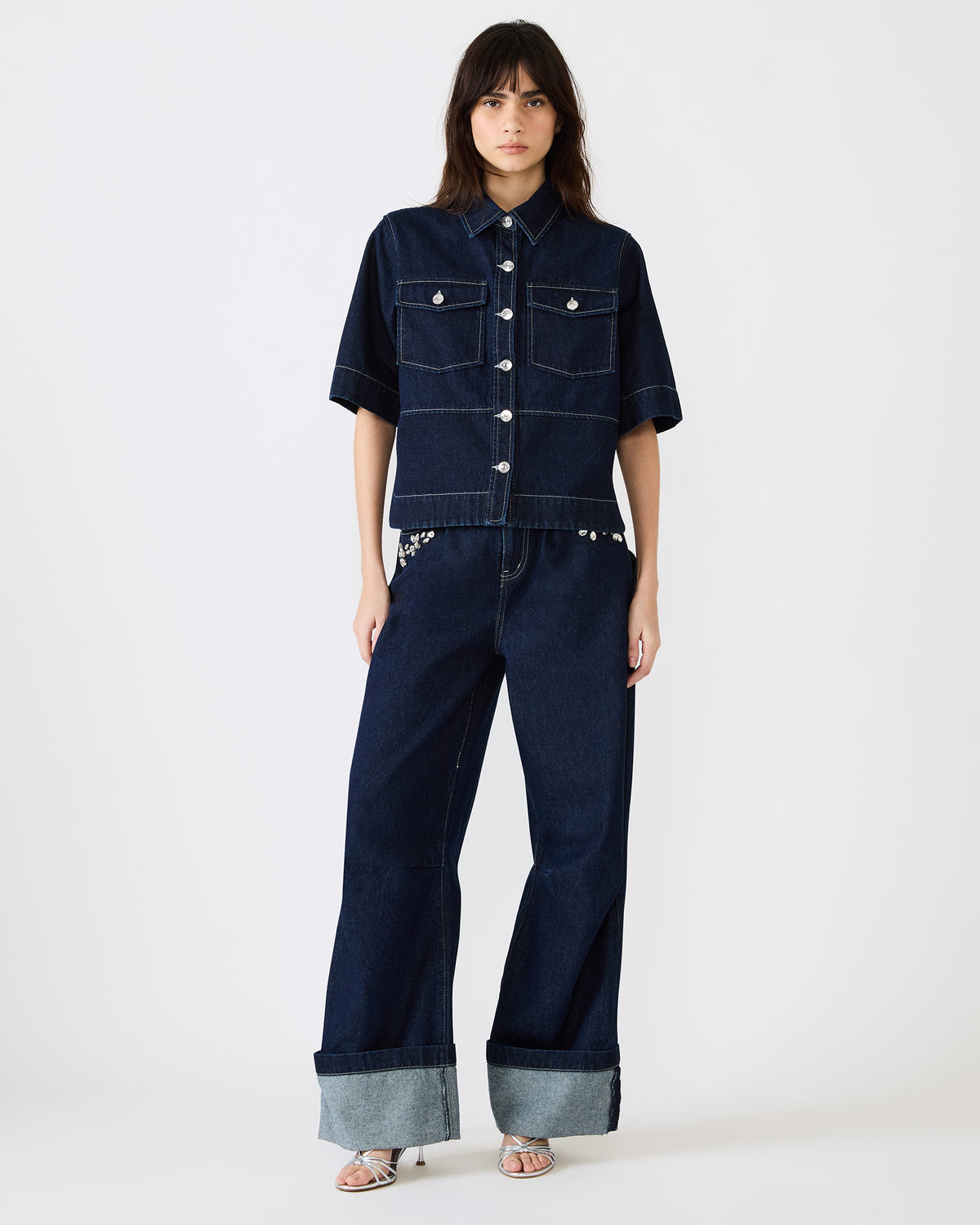 ELIANA Bijou Blue Short-Sleeved Button-Up Denim Women's Top | Steve Madden Discount