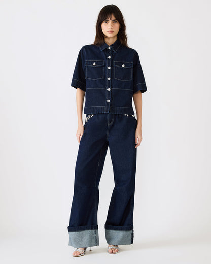 ELIANA Bijou Blue Short-Sleeved Button-Up Denim Women's Top | Steve Madden Discount