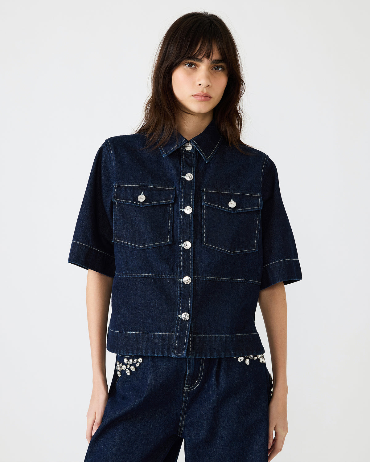 ELIANA Bijou Blue Short-Sleeved Button-Up Denim Women's Top | Steve Madden Discount