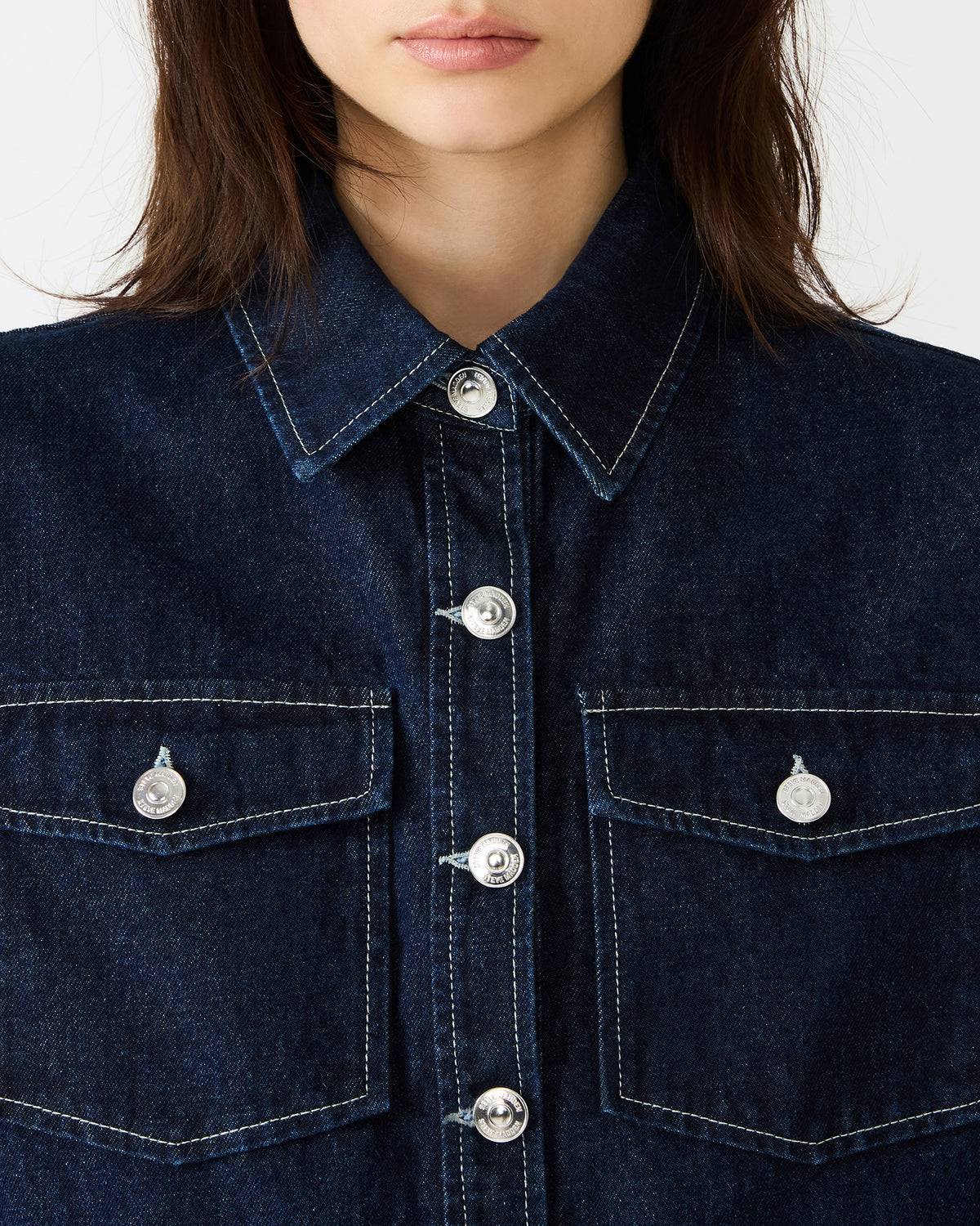 ELIANA Bijou Blue Short-Sleeved Button-Up Denim Women's Top | Steve Madden Discount