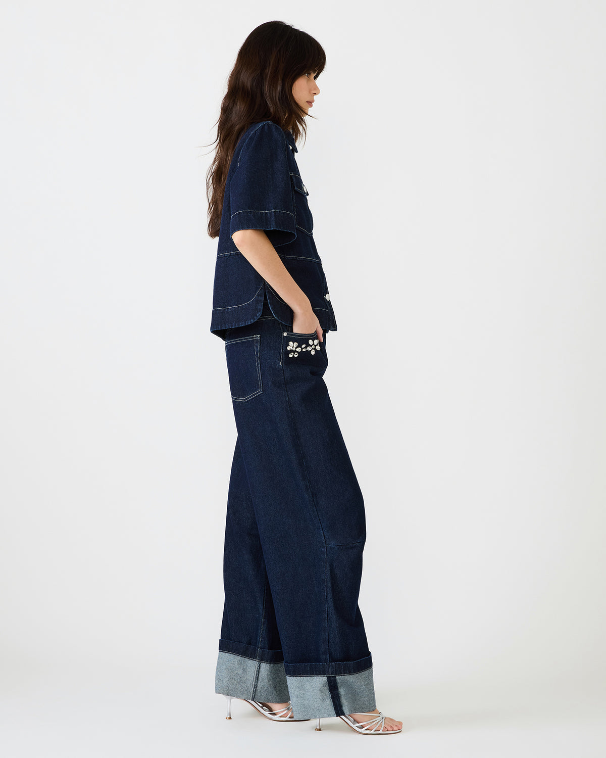 ELIANA Bijou Blue Short-Sleeved Button-Up Denim Women's Top | Steve Madden Discount