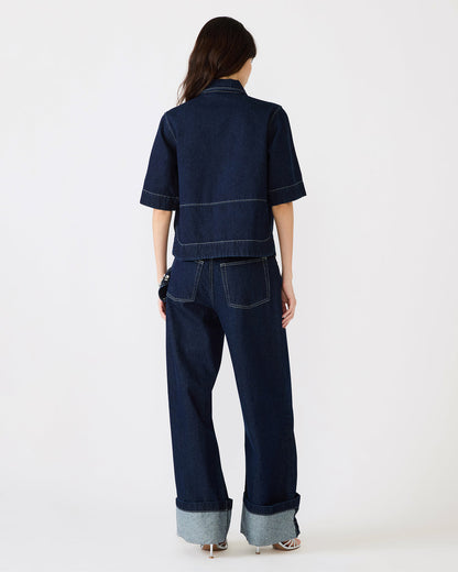 ELIANA Bijou Blue Short-Sleeved Button-Up Denim Women's Top | Steve Madden Discount