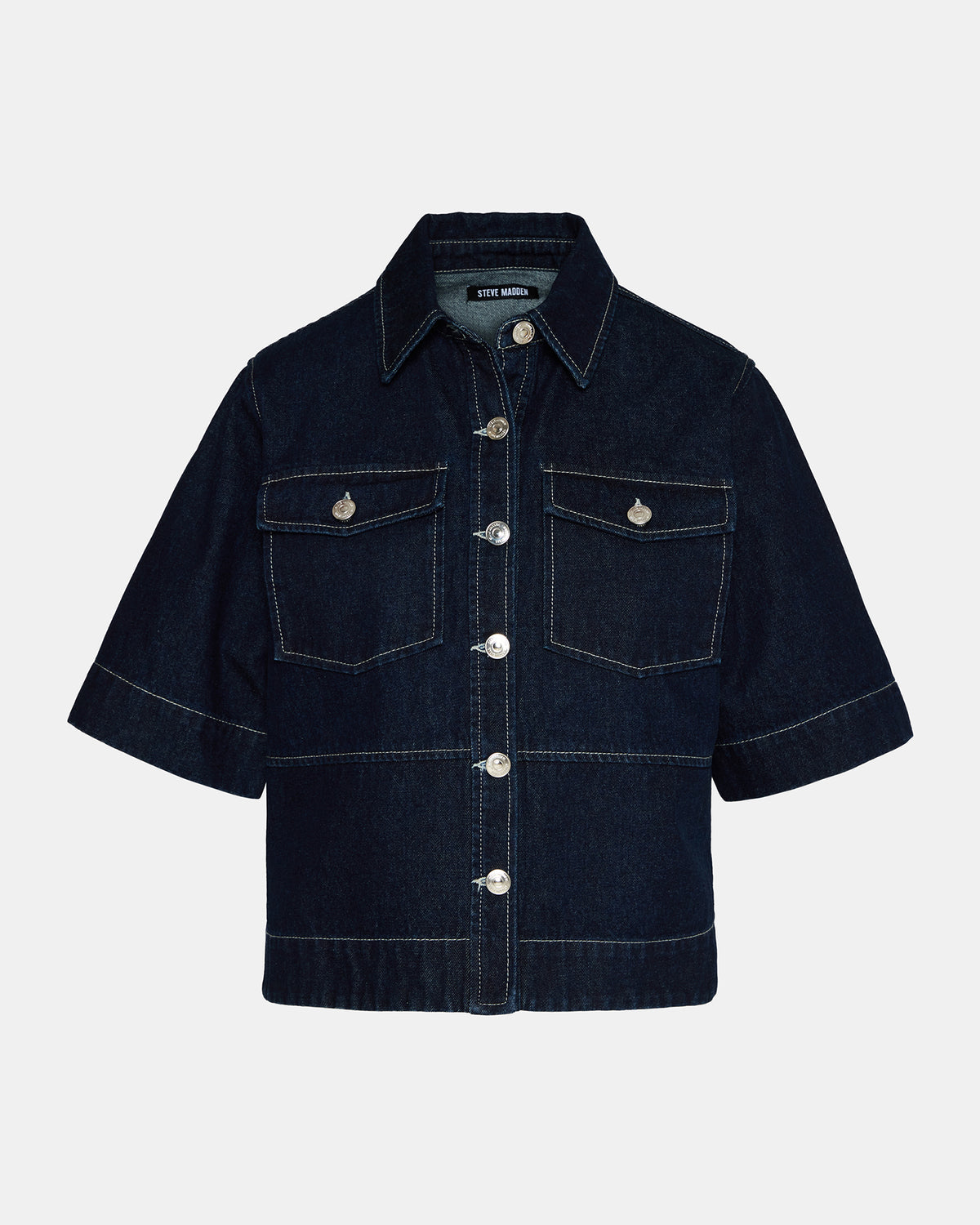 ELIANA Bijou Blue Short-Sleeved Button-Up Denim Women's Top | Steve Madden Discount