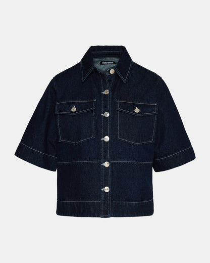 ELIANA Bijou Blue Short-Sleeved Button-Up Denim Women's Top | Steve Madden Discount