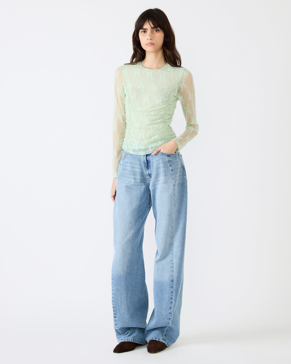 LUMA Bay Green Long-Sleeved Mesh Lace Women's Top | Steve Madden Best Price