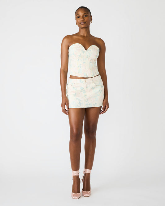 ROSELIA Peach Beige Floral Print Denim Strapless Corset Women's Top | Steve Madden New