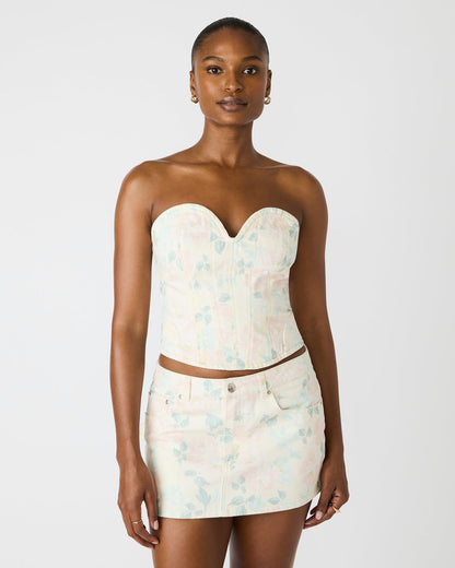 ROSELIA Peach Beige Floral Print Denim Strapless Corset Women's Top | Steve Madden New
