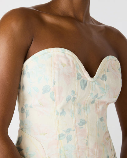 ROSELIA Peach Beige Floral Print Denim Strapless Corset Women's Top | Steve Madden New