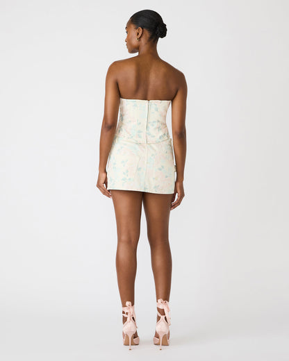 ROSELIA Peach Beige Floral Print Denim Strapless Corset Women's Top | Steve Madden New