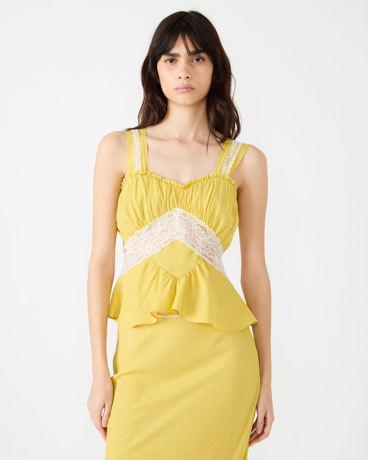 CINTHIA Golden Lime Sleeveless Lace Trim Women's Top | Steve Madden Customer Favorite
